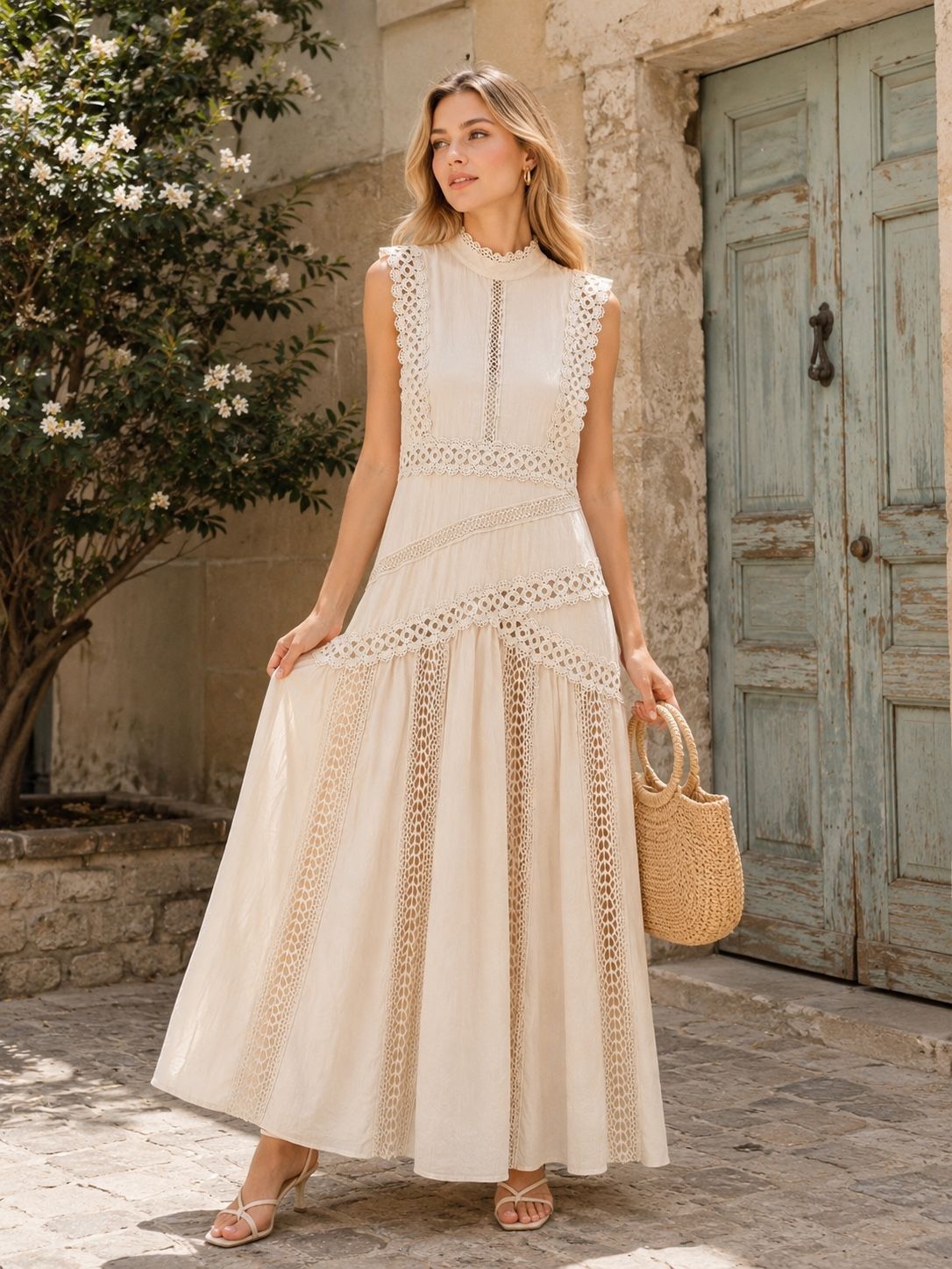 SS18 - Vestido Largo Encaje Crochet Beige