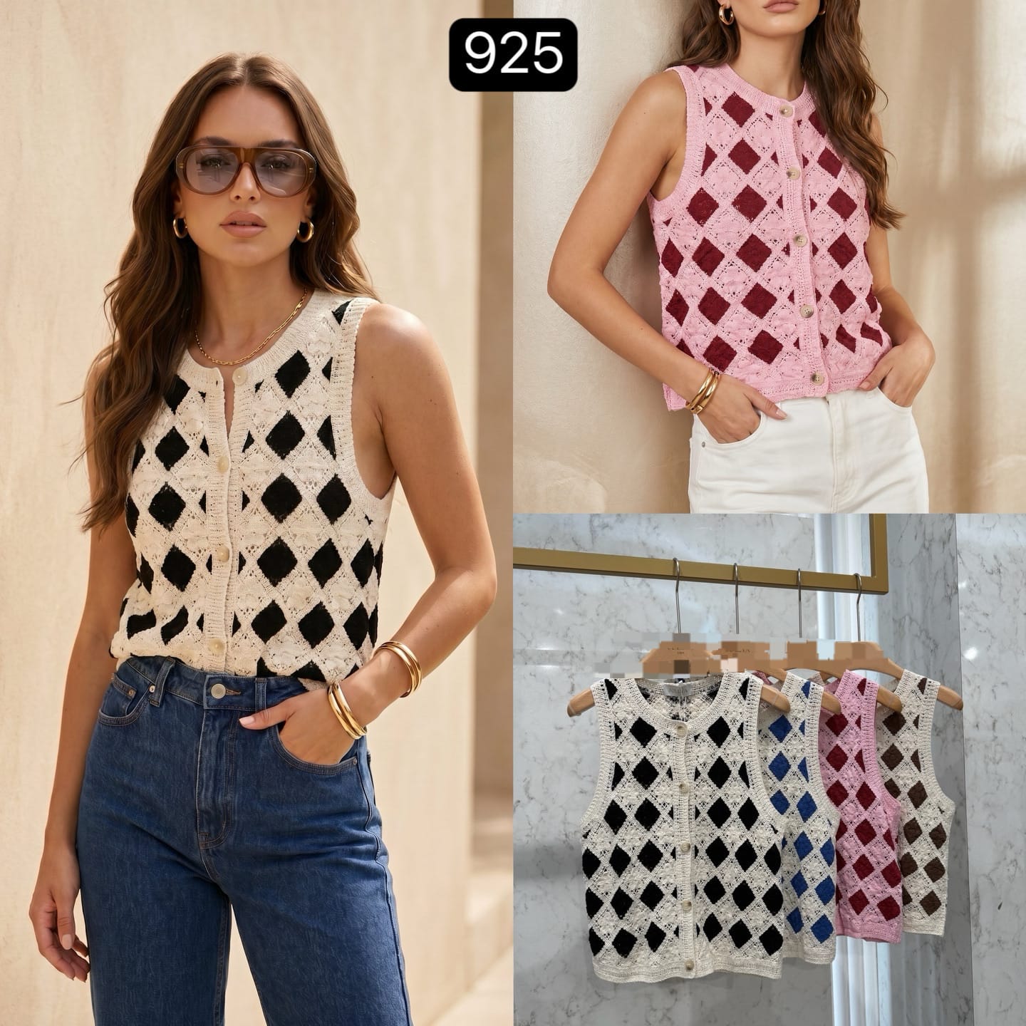 SS09 - Chaleco Tejido Rombos con Botones Blanco y Negro